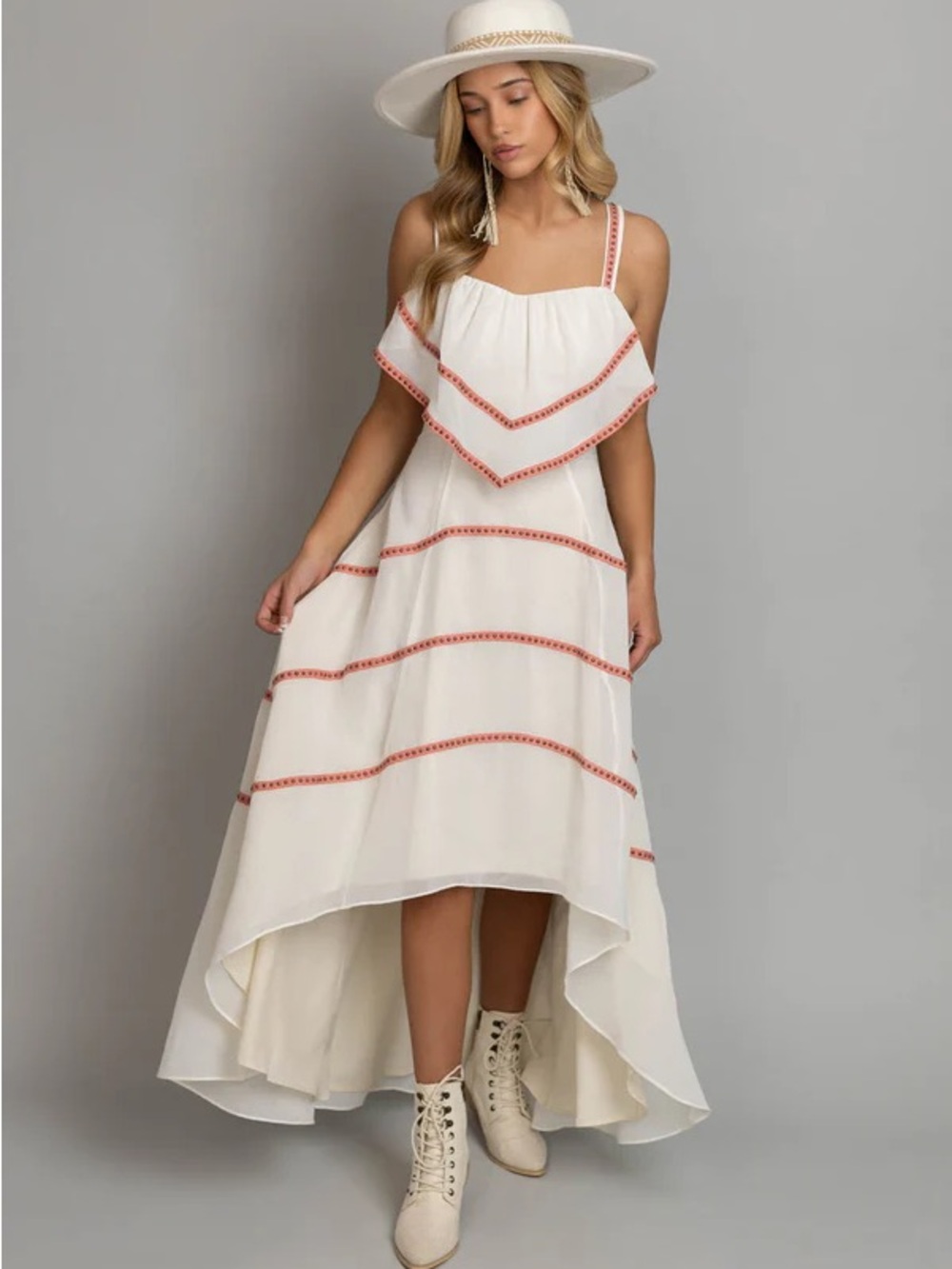 Joyfolie Brianda Cream High Low Maxi Dress Boho Tiered Embroidered Flounce